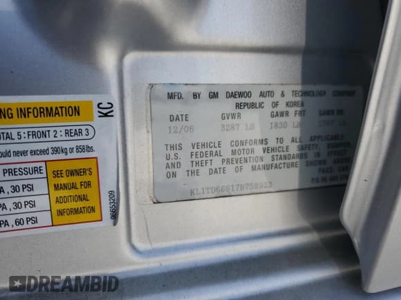 ✅ 2007 Chevrolet Aveo LS • VIN: KL1TD66617B758922 • Lot: 52804665. Wystawiony na Copart z przebiegiem 91 639 mil. Bezpłatny archiwum sprzedaży aukcyjnych z USA i szczegółowy raport historii pojazdu na DreamBid. Zdjęcie 12.