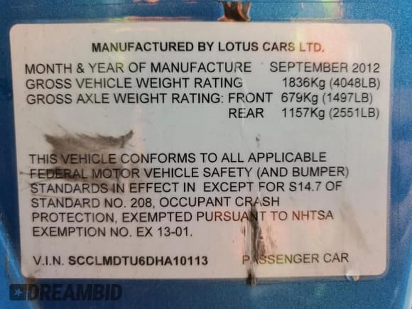 ✅ 2013 Lotus Evora 2+2 • VIN: SCCLMDTU6DHA10113 • Lot: 69017085. Wystawiony na Copart z przebiegiem 11 530 mil. Bezpłatny archiwum sprzedaży aukcyjnych z USA i szczegółowy raport historii pojazdu na DreamBid. Zdjęcie 12.