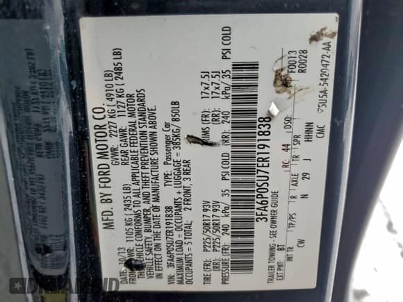 ✅ 2014 Ford Fusion Titanium • VIN: 3FA6P0SU7ER191838 • Lot: 95491155. Listed on Copart with Not provided. Free auction sales archive from the USA and detailed vehicle history report at DreamBid. Image 12.