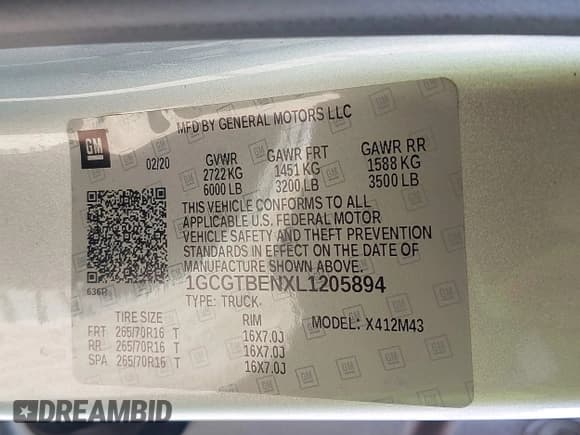 ✅ 2020 Chevrolet Colorado 4WD Work Truck • VIN: 1GCGTBENXL1205894 • Lot: 41058177. Listed on IAAI with 61,374 mi. Free auction sales archive from the USA and detailed vehicle history report at DreamBid. Image 9.