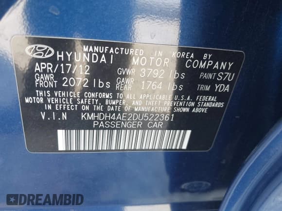 ✅ 2013 Hyundai Elantra GLS • VIN: KMHDH4AE2DU522361 • Lot: 43368006. Listed on IAAI with 109,810 mi. Free auction sales archive from the USA and detailed vehicle history report at DreamBid. Image 9.