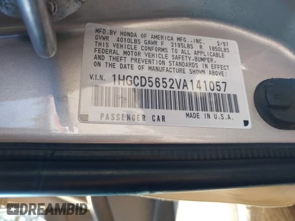 ✅ 1997 Honda Accord EX • VIN: 1HGCD5652VA141057 • Lot: 43253245. Listed on IAAI with 144,583 mi. Free auction sales archive from the USA and detailed vehicle history report at DreamBid. Image 9.