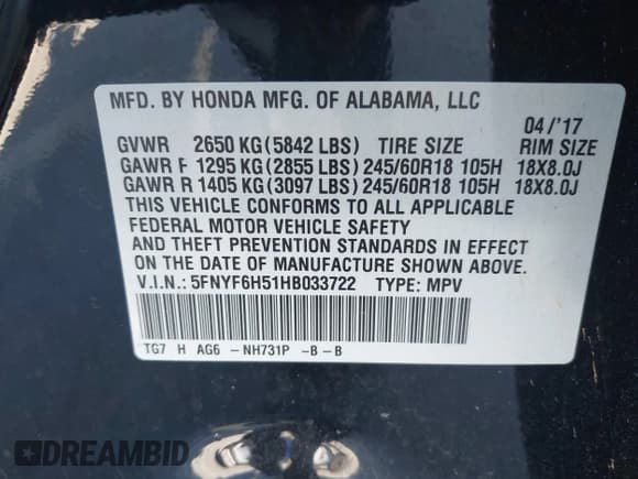 ✅ 2017 Honda Pilot EX-L • VIN: 5FNYF6H51HB033722 • Lot: 43594503. Listed on IAAI with 146,016 mi. Free auction sales archive from the USA and detailed vehicle history report at DreamBid. Image 9.