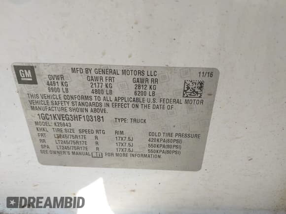 ✅ 2017 Chevrolet Silverado 2500HD LT • VIN: 1GC1KVEG3HF103181 • Lot: 42921437. Listed on IAAI with 235,535 mi. Free auction sales archive from the USA and detailed vehicle history report at DreamBid. Image 9.