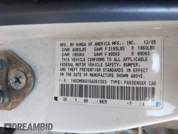 2006 Honda Accord LX с VIN 1HGCM56416A061063, выставлен на аукционе IAAI как лот 43500100 с пробегом 266 791 миль миль и . История ставок и продаж доступна на DreamBid. Изображение 9.