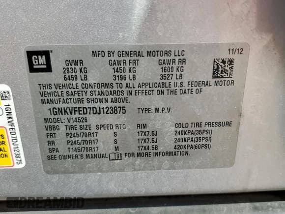 ✅ 2013 Chevrolet Traverse LS • VIN: 1GNKVFED7DJ123875 • Lot: 71749255. Listed on Copart with 151,532 mi. Free auction sales archive from the USA and detailed vehicle history report at DreamBid. Image 13.