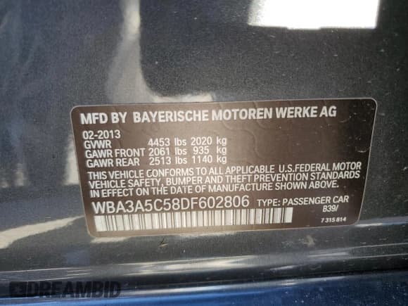 ✅ 2013 BMW 3 Series 328i • VIN: WBA3A5C58DF602806 • Lot: 82624635. Listed on Copart with 127,182 mi. Free auction sales archive from the USA and detailed vehicle history report at DreamBid. Image 12.