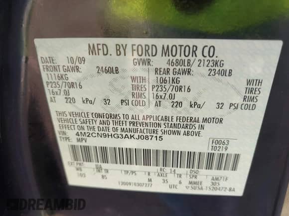 2010 Mercury Mariner Premier с VIN 4M2CN9HG3AKJ08715, выставлен на аукционе IAAI как лот 43390072 с пробегом 149 781 миль миль и . История ставок и продаж доступна на DreamBid. Изображение 9.