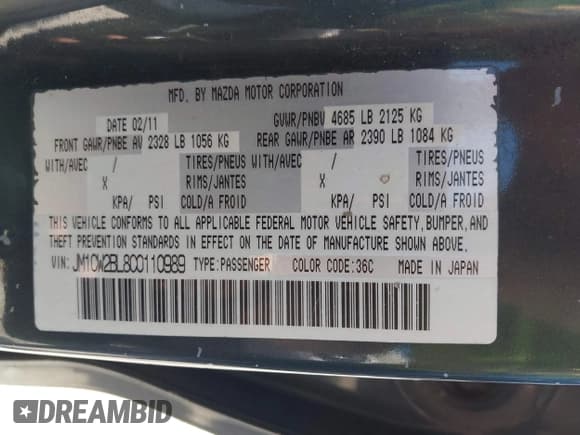 ✅ 2012 Mazda 5 Sport • VIN: JM1CW2BL8C0110989 • Lot: 42070091. Listed on IAAI with 320,397 mi. Free auction sales archive from the USA and detailed vehicle history report at DreamBid. Image 9.