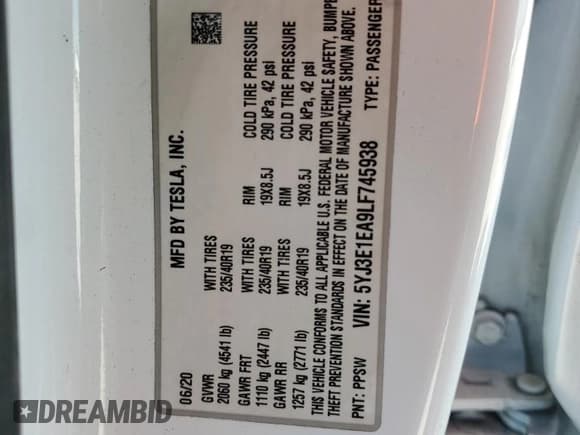 ✅ 2020 Tesla Model 3 Standard Range Plus • VIN: 5YJ3E1EA9LF745938 • Lot: 92866565. Listed on Copart with 55,527 mi. Free auction sales archive from the USA and detailed vehicle history report at DreamBid. Image 13.