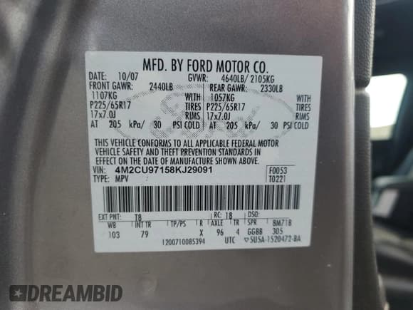 ✅ 2008 Mercury Mariner Premier • VIN: 4M2CU97158KJ29091 • Лот: 92360835. Опубликован ранее на Copart с пробегом 199 757 миль. Бесплатный доступ к архиву аукционных продаж из США и подробный отчёт об истории автомобиля на DreamBid. Изображение 13.