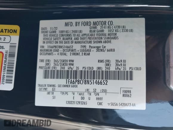 ✅ 2022 Ford Mustang GT Premium • VIN: 1FA6P8CF8N5146652 • Lot: 43209379. Listed on IAAI with 49,551 mi. Free auction sales archive from the USA and detailed vehicle history report at DreamBid. Image 9.