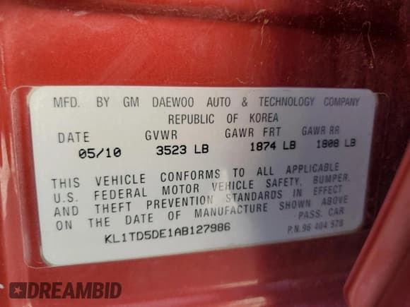 ✅ 2010 Chevrolet Aveo 1LT • VIN: KL1TD5DE1AB127986 • Lot: 47386575. Wystawiony na Copart z przebiegiem 185 191 mil. Bezpłatny archiwum sprzedaży aukcyjnych z USA i szczegółowy raport historii pojazdu na DreamBid. Zdjęcie 12.