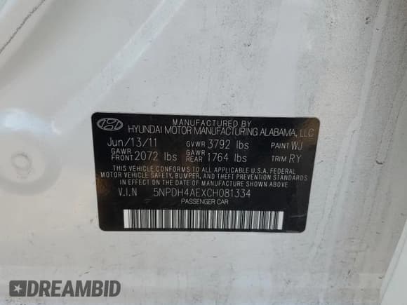✅ 2012 Hyundai Elantra GLS • VIN: 5NPDH4AEXCH081334 • Lot: 82002295. Listed on Copart with 119,946 mi. Free auction sales archive from the USA and detailed vehicle history report at DreamBid. Image 12.