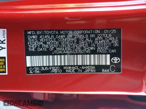 2025 Toyota Prius LE with VIN JTDACAAU6S3050745, listed as a Copart auction lot 81862405 with 2,902 mi miles and Salvage title. Bid and sale history available at DreamBid. Image 13.