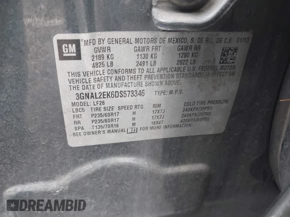 ✅ 2013 Chevrolet Captiva Sport LS • VIN: 3GNAL2EK6DS573346 • Lot: 42359391. Wystawiony na IAAI z przebiegiem 155 728 mil. Bezpłatny archiwum sprzedaży aukcyjnych z USA i szczegółowy raport historii pojazdu na DreamBid. Zdjęcie 9.