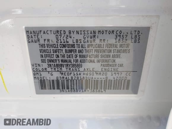 ✅ 2024 Nissan Sentra S • VIN: 3N1AB8BV1RY385869 • Lot: 43475929. Listed on IAAI with 19,708 mi. Free auction sales archive from the USA and detailed vehicle history report at DreamBid. Image 9.