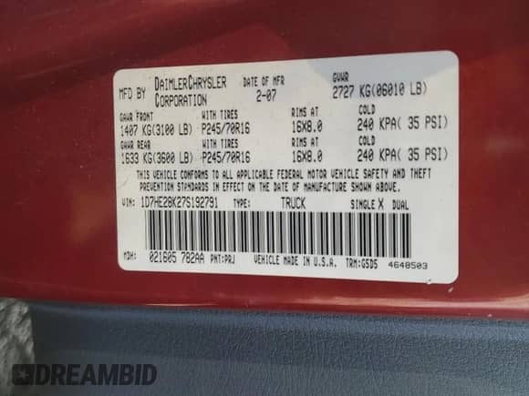 2007 Dodge Dakota ST z VIN 1D7HE28K27S192791, wystawiony jako Copart lot #75742184 z przebiegiem 125 918 mil mil oraz Czysty tytuł • Clean title. Historia ofert i sprzedaży dostępna na DreamBid. Obrazek 12.