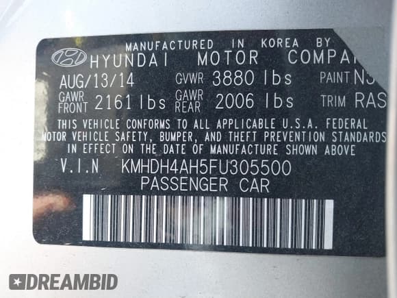 ✅ 2015 Hyundai Elantra Sport • VIN: KMHDH4AH5FU305500 • Lot: 41371807. Listed on IAAI with 110,249 mi. Free auction sales archive from the USA and detailed vehicle history report at DreamBid. Image 9.