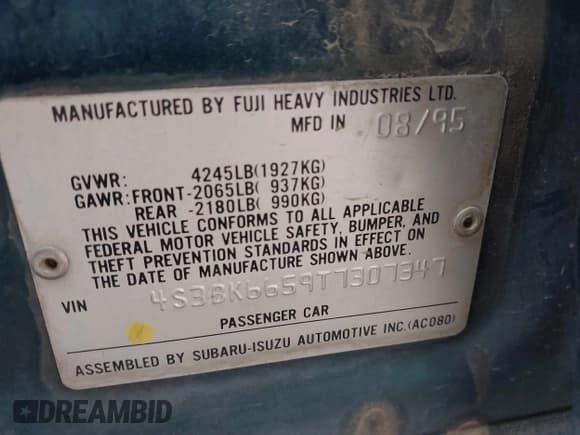 ✅ 1996 Subaru Legacy • VIN: 4S3BK6659T7307347 • Lot: 41745309. Listed on IAAI with 150,961 mi. Free auction sales archive from the USA and detailed vehicle history report at DreamBid. Image 9.