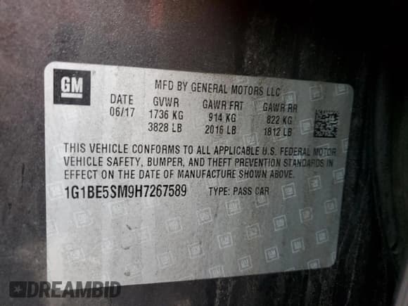 ✅ 2017 Chevrolet Cruze LT • VIN: 1G1BE5SM9H7267589 • Lot: 36234143. Listed on Copart with 70,004 mi. Free auction sales archive from the USA and detailed vehicle history report at DreamBid. Image 12.