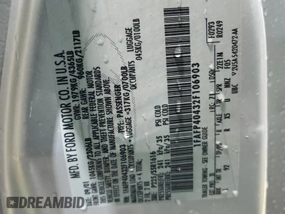 ✅ 2002 Ford Mustang Standard • VIN: 1FAFP40432F106903 • Lot: 55350025. Listed on Copart with 253,395 mi. Free auction sales archive from the USA and detailed vehicle history report at DreamBid. Image 13.