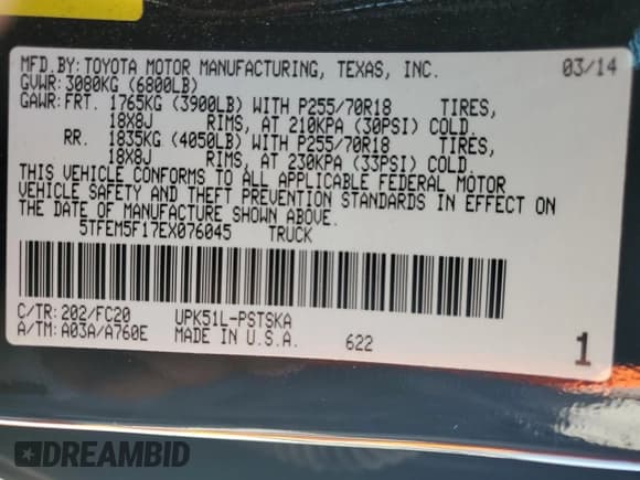 ✅ 2014 Toyota Tundra SR5 • VIN: 5TFEM5F17EX076045 • Lot: 53031285. Listed on Copart with 104,783 mi. Free auction sales archive from the USA and detailed vehicle history report at DreamBid. Image 12.