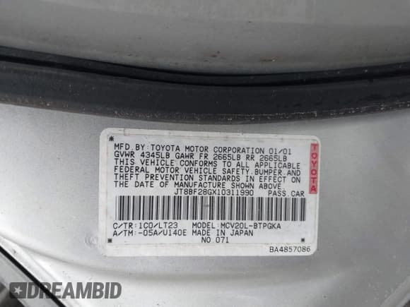 ✅ 2001 Lexus ES 300 • VIN: JT8BF28GX10311990 • Lot: 43788877. Wystawiony na IAAI z przebiegiem 310 000 mil. Bezpłatny archiwum sprzedaży aukcyjnych z USA i szczegółowy raport historii pojazdu na DreamBid. Zdjęcie 9.