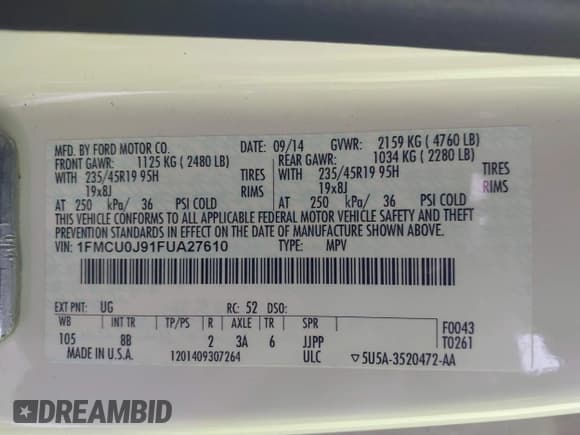 ✅ 2015 Ford Escape Titanium • VIN: 1FMCU0J91FUA27610 • Lot: 42095995. Listed on IAAI with 122,521 mi. Free auction sales archive from the USA and detailed vehicle history report at DreamBid. Image 9.