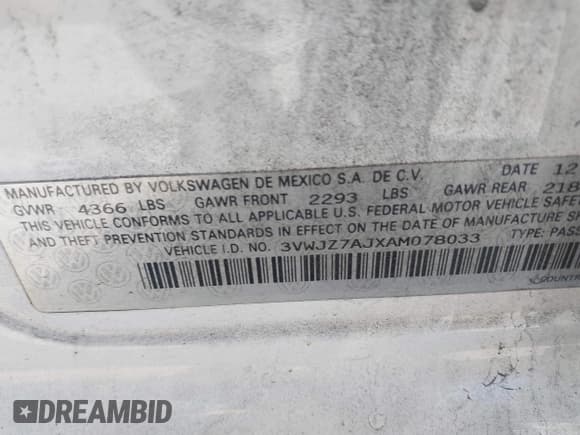 ✅ 2010 Volkswagen Jetta S • VIN: 3VWJZ7AJXAM078033 • Лот: 42937818. Опубликован ранее на IAAI с пробегом 160 836 миль. Бесплатный доступ к архиву аукционных продаж из США и подробный отчёт об истории автомобиля на DreamBid. Изображение 9.