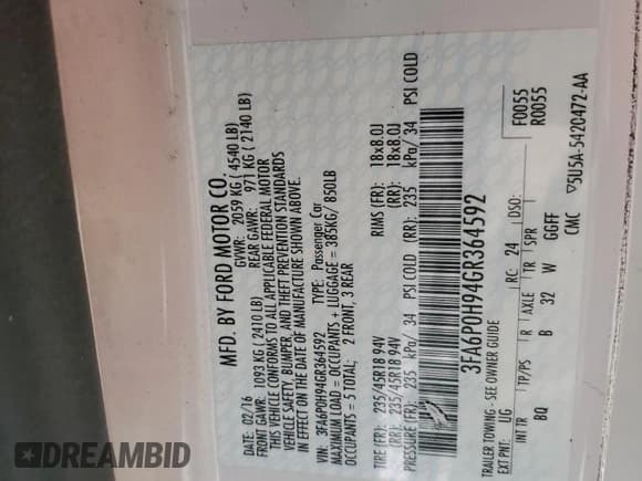 ✅ 2016 Ford Fusion SE • VIN: 3FA6P0H94GR364592 • Lot: 57853075. Listed on Copart with 92,930 mi. Free auction sales archive from the USA and detailed vehicle history report at DreamBid. Image 12.