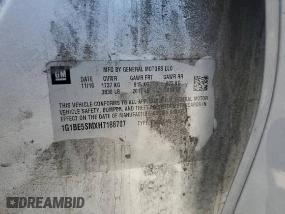 ✅ 2017 Chevrolet Cruze LT • VIN: 1G1BE5SMXH7188707 • Lot: 85157705. Listed on Copart with 172,389 mi. Free auction sales archive from the USA and detailed vehicle history report at DreamBid. Image 12.