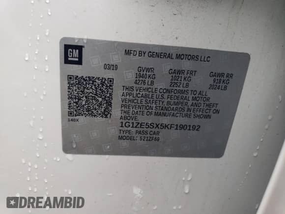 2019 Chevrolet Malibu Premier with VIN 1G1ZE5SX5KF190192, listed as a Copart auction lot 58403675 with 95,459 mi miles and Salvage title. Bid and sale history available at DreamBid. Image 12.