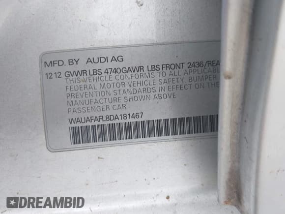 ✅ 2013 Audi A4 Premium • VIN: WAUAFAFL8DA181467 • Лот: 42672105. Опубликован ранее на IAAI с пробегом 136 633 миль. Бесплатный доступ к архиву аукционных продаж из США и подробный отчёт об истории автомобиля на DreamBid. Изображение 9.