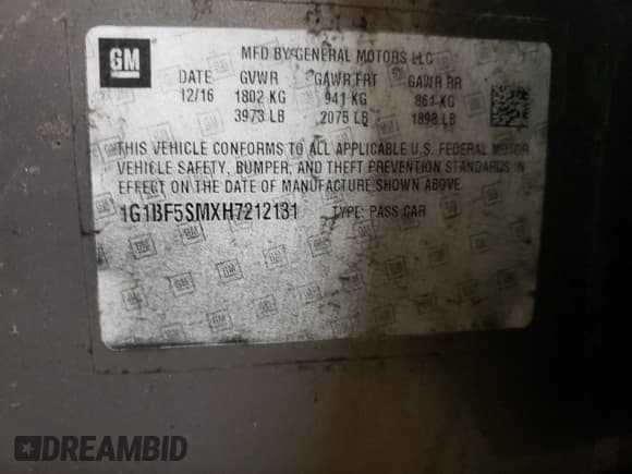 ✅ 2017 Chevrolet Cruze Premier • VIN: 1G1BF5SMXH7212131 • Lot: 42200753. Listed on Copart with 114,237 mi. Free auction sales archive from the USA and detailed vehicle history report at DreamBid. Image 12.