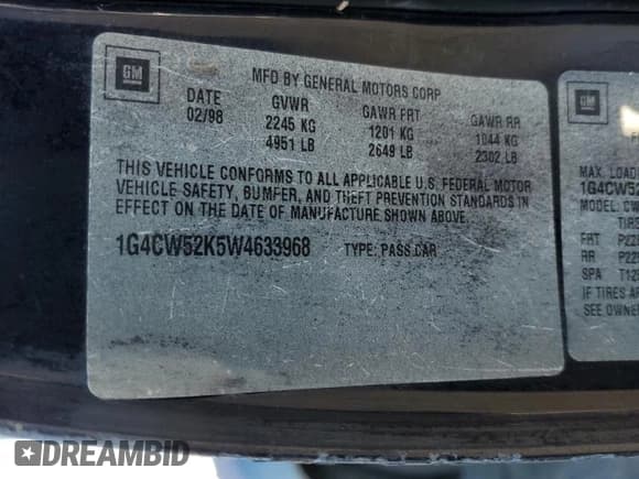 ✅ 1998 Buick Park Avenue • VIN: 1G4CW52K5W4633968 • Lot: 41971495. Listed on Copart with 208,205 mi. Free auction sales archive from the USA and detailed vehicle history report at DreamBid. Image 12.