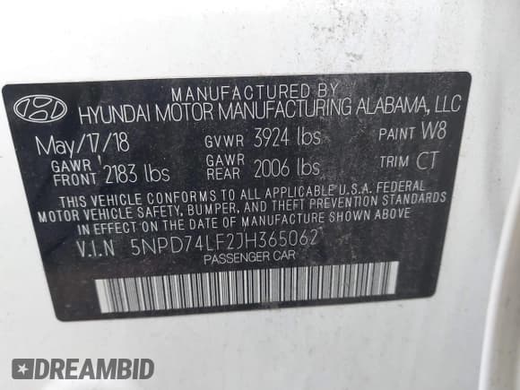 ✅ 2018 Hyundai Elantra SE • VIN: 5NPD74LF2JH365062 • Lot: 43511530. Listed on IAAI with 106,788 mi. Free auction sales archive from the USA and detailed vehicle history report at DreamBid. Image 9.