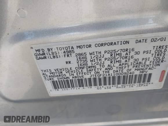 2001 Toyota Highlander с VIN JTEGF21A110009240, выставлен на аукционе IAAI как лот 42738649 с пробегом 113 904 миль миль и . История ставок и продаж доступна на DreamBid. Изображение 9.