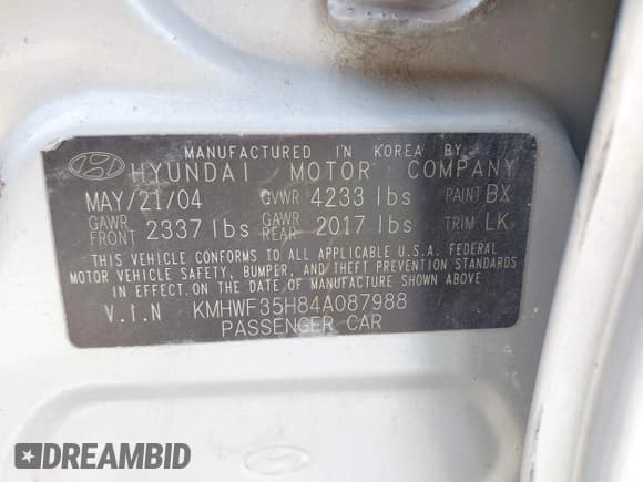 ✅ 2004 Hyundai Sonata GLS • VIN: KMHWF35H84A087988 • Lot: 42580818. Listed on IAAI with 101,158 mi. Free auction sales archive from the USA and detailed vehicle history report at DreamBid. Image 9.