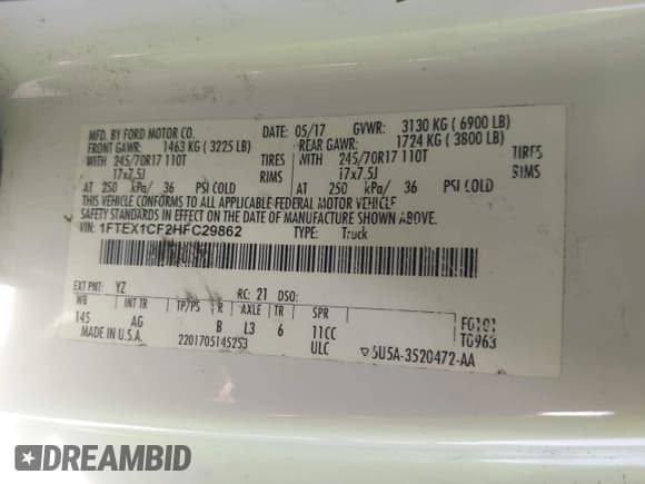 ✅ 2017 Ford F-150 XL • VIN: 1FTEX1CF2HFC29862 • Lot: 42469498. Listed on IAAI with 141,725 mi. Free auction sales archive from the USA and detailed vehicle history report at DreamBid. Image 9.