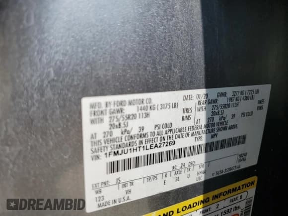 ✅ 2020 Ford Expedition XLT • VIN: 1FMJU1HT1LEA27269 • Lot: 58869315. Listed on Copart with 104,257 mi. Free auction sales archive from the USA and detailed vehicle history report at DreamBid. Image 14.