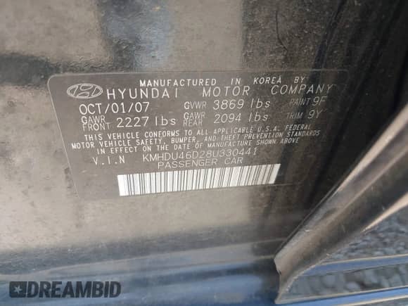 2008 Hyundai Elantra GLS with VIN KMHDU46D28U330441, listed as a IAAI auction lot 43034792 with 150,006 mi miles and . Bid and sale history available at DreamBid. Image 9.