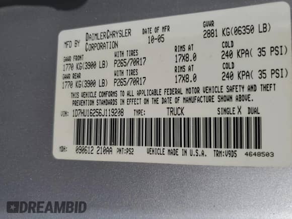 2006 Dodge 1500 SLT z VIN 1D7HU16256J119208, wystawiony jako Copart lot #62525425 z przebiegiem 226 196 mil mil oraz Szkoda całkowita • Salvage title. Historia ofert i sprzedaży dostępna na DreamBid. Obrazek 12.