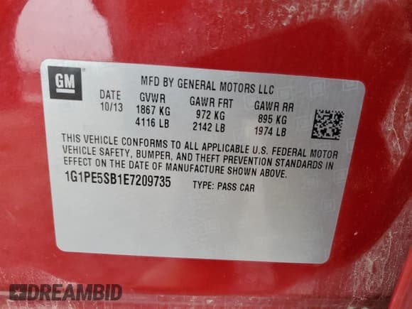 ✅ 2014 Chevrolet Cruze 2LT • VIN: 1G1PE5SB1E7209735 • Lot: 85365115. Listed on Copart with 166,337 mi. Free auction sales archive from the USA and detailed vehicle history report at DreamBid. Image 12.