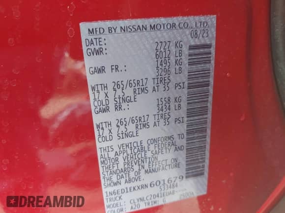 2024 Nissan Frontier SV with VIN 1N6ED1EKXRN601679, listed as a IAAI auction lot 42144247 with 13,486 mi miles and . Bid and sale history available at DreamBid. Image 9.