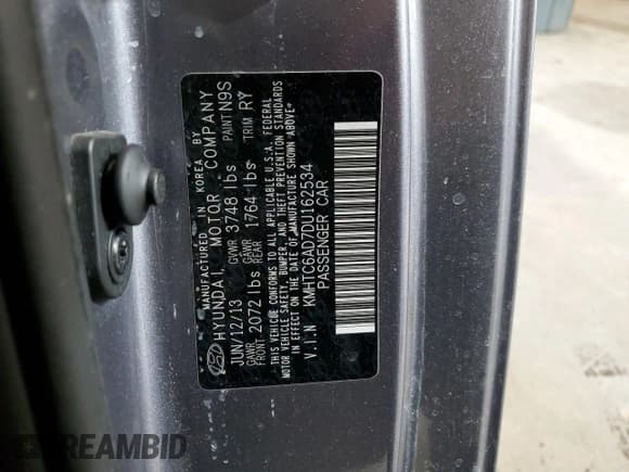 ✅ 2013 Hyundai Veloster w/Black Int • VIN: KMHTC6AD7DU162534 • Lot: 54061425. Listed on Copart with Not provided. Free auction sales archive from the USA and detailed vehicle history report at DreamBid. Image 12.