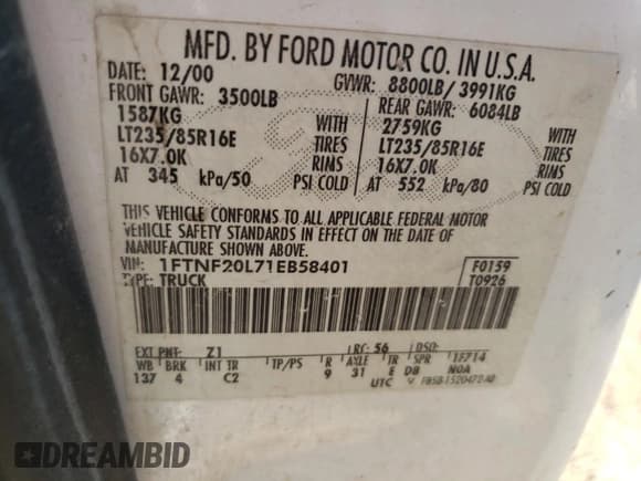 ✅ 2001 Ford F-250 XL • VIN: 1FTNF20L71EB58401 • Lot: 46979125. Listed on Copart with 268,663 mi. Free auction sales archive from the USA and detailed vehicle history report at DreamBid. Image 12.