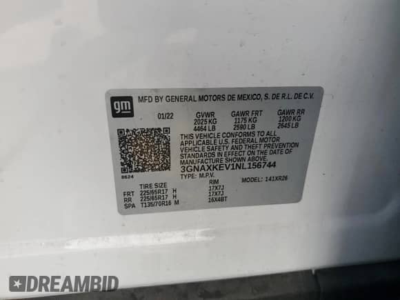 2022 Chevrolet Equinox LT с VIN 3GNAXKEV1NL156744, выставлен на аукционе Copart как лот 84979095 с пробегом 109 318 миль миль и Списание • Salvage title. История ставок и продаж доступна на DreamBid. Изображение 14.