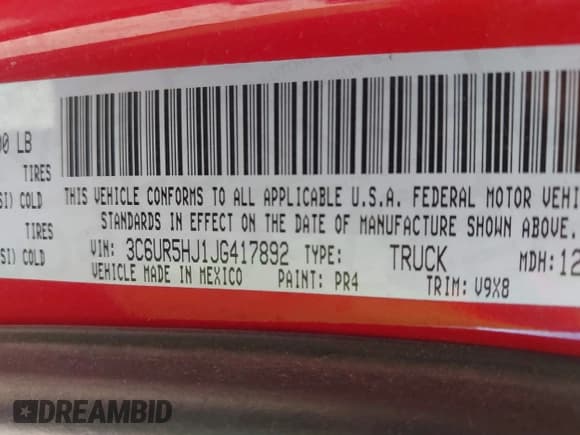 ✅ 2018 Ram 2500 Tradesman • VIN: 3C6UR5HJ1JG417892 • Lot: 43488672. Listed on IAAI with Not provided. Free auction sales archive from the USA and detailed vehicle history report at DreamBid. Image 9.