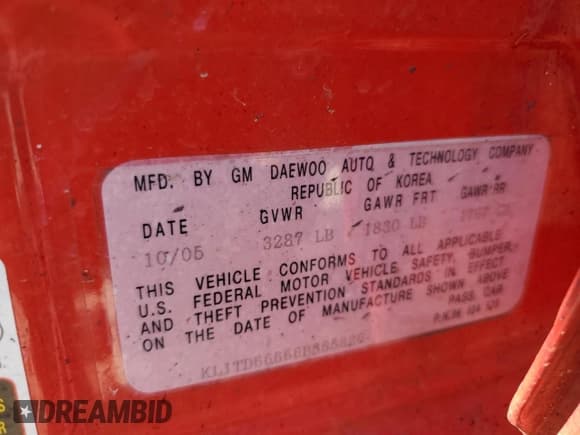 ✅ 2006 Chevrolet Aveo LS • VIN: KL1TD66666B565826 • Lot: 77326304. Wystawiony na Copart z przebiegiem Nie podano. Bezpłatny archiwum sprzedaży aukcyjnych z USA i szczegółowy raport historii pojazdu na DreamBid. Zdjęcie 12.